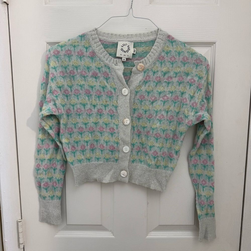 Lili Sidonio Floral Print Cardigan Cropped Size Small Cream Pink Green Girly